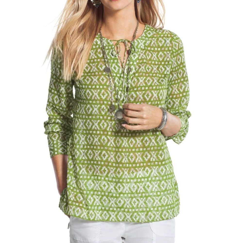 Chico’s graphic ikat eyelash boho style semi-sheer top. Size 1 (medium-8). New.